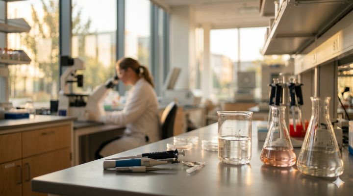 Researcher in laboratory examining microscope slides